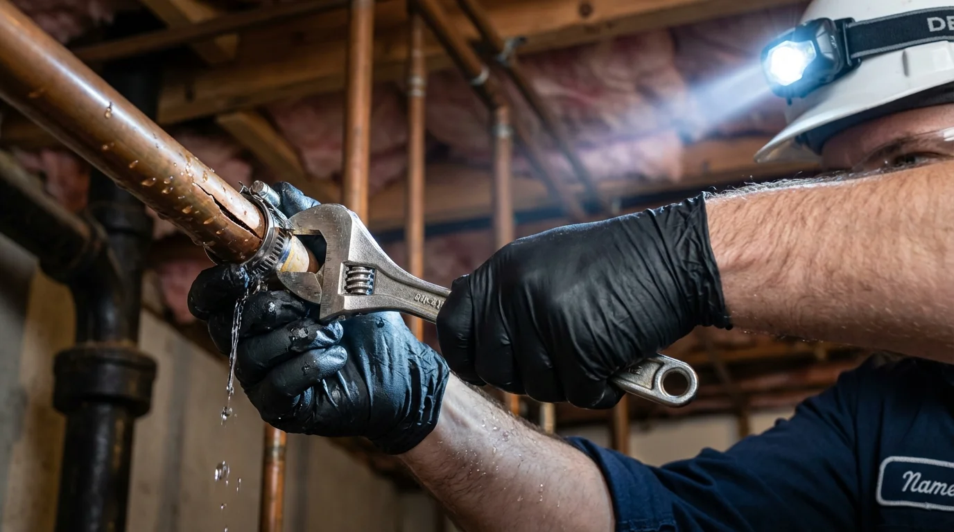 Emergency pipe clamp repair being performed by a Johns Plumbing LLC plumber in Lone Tree